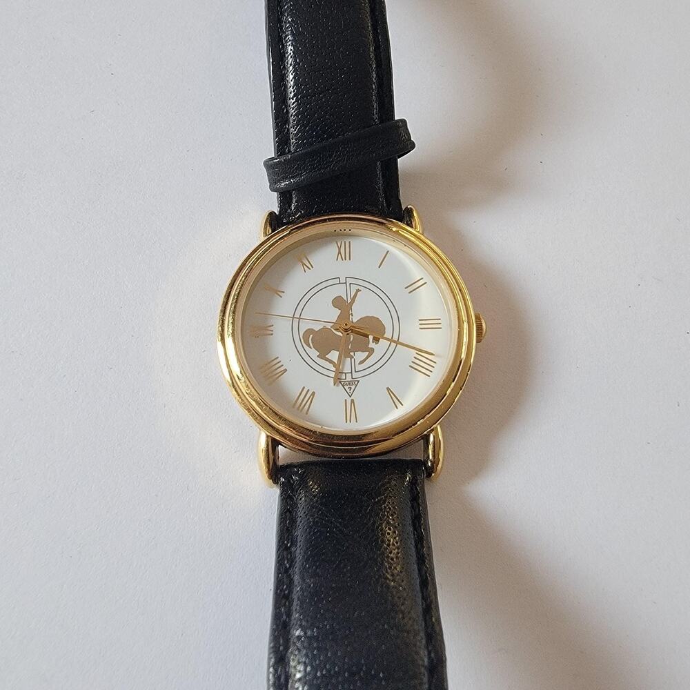 Vintage GUESS Gold Tone Womens Watch White Dial Roman Numeral Black Leather 1994